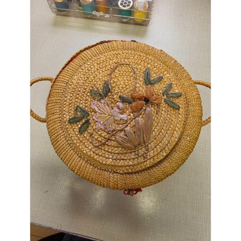 Vintage Woven Straw Sewing Basket Red Lining Raffia Floral Embroidery Round 9